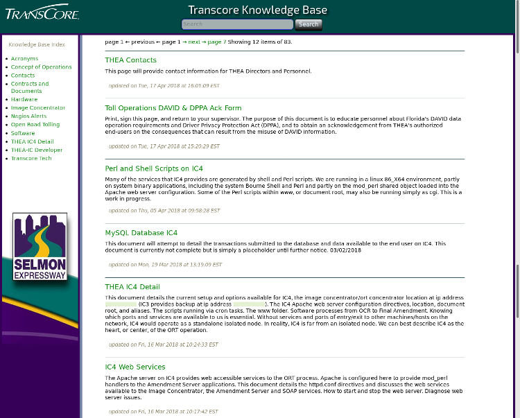 Transcore Knowledge Base screen shot