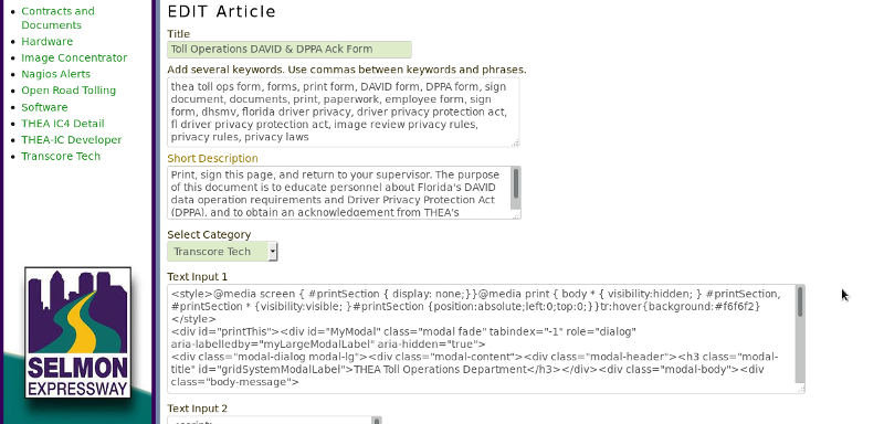 Transcore Knowledge Base editor screen shot